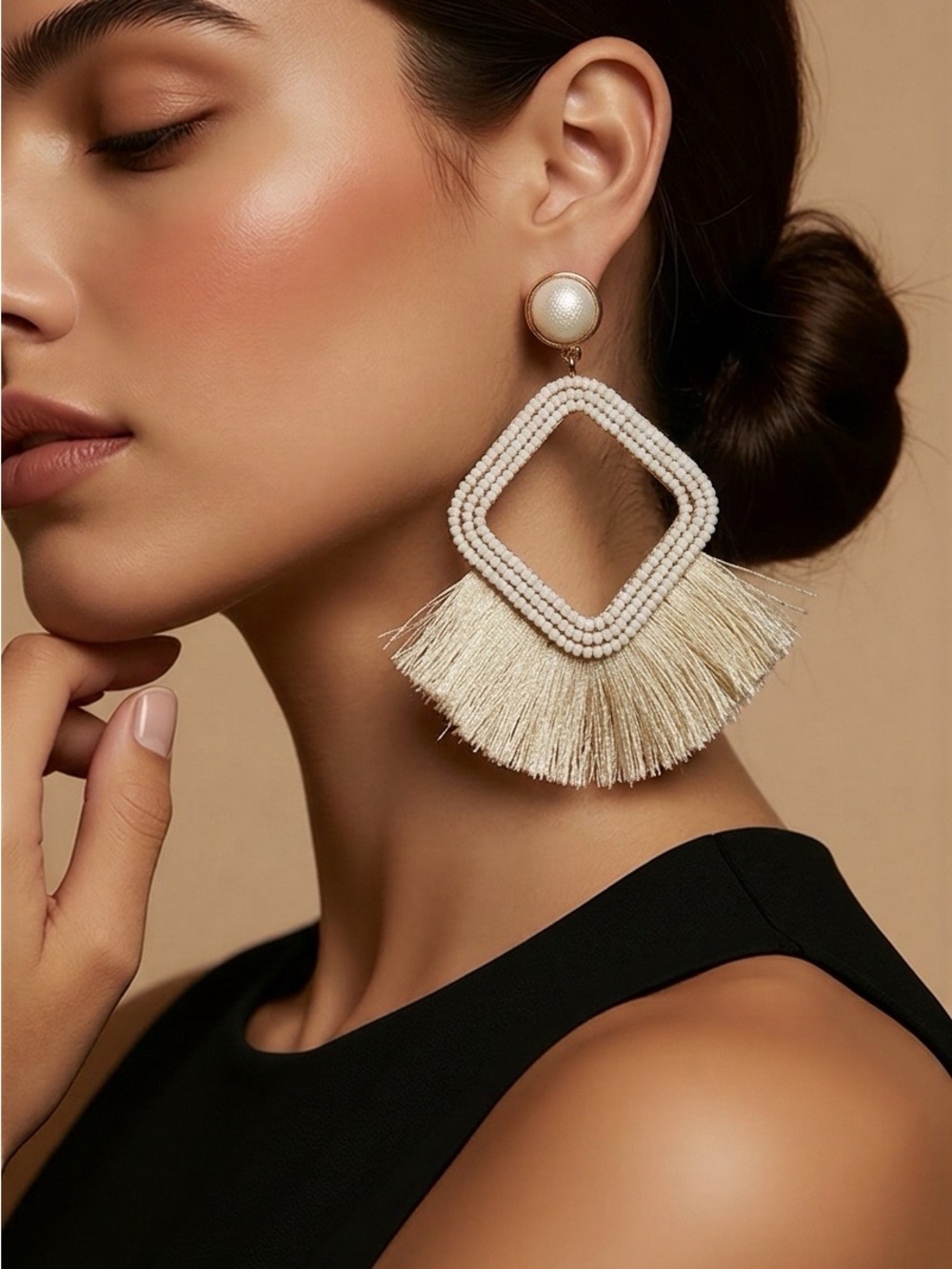 Women’s Beaded Square Fringe Drop Earrings - Ivory, EUC